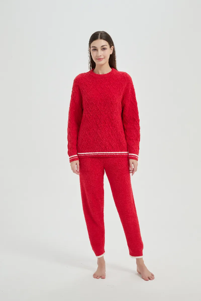 Set pigiama in pile da donna rosso peluche dalla vestibilità ampia