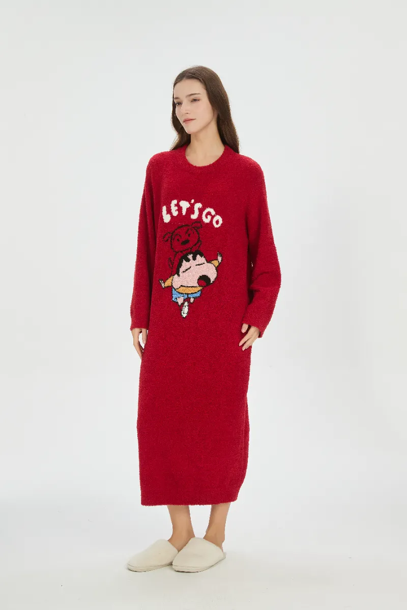 Camicia da notte da donna in morbido pile rosso